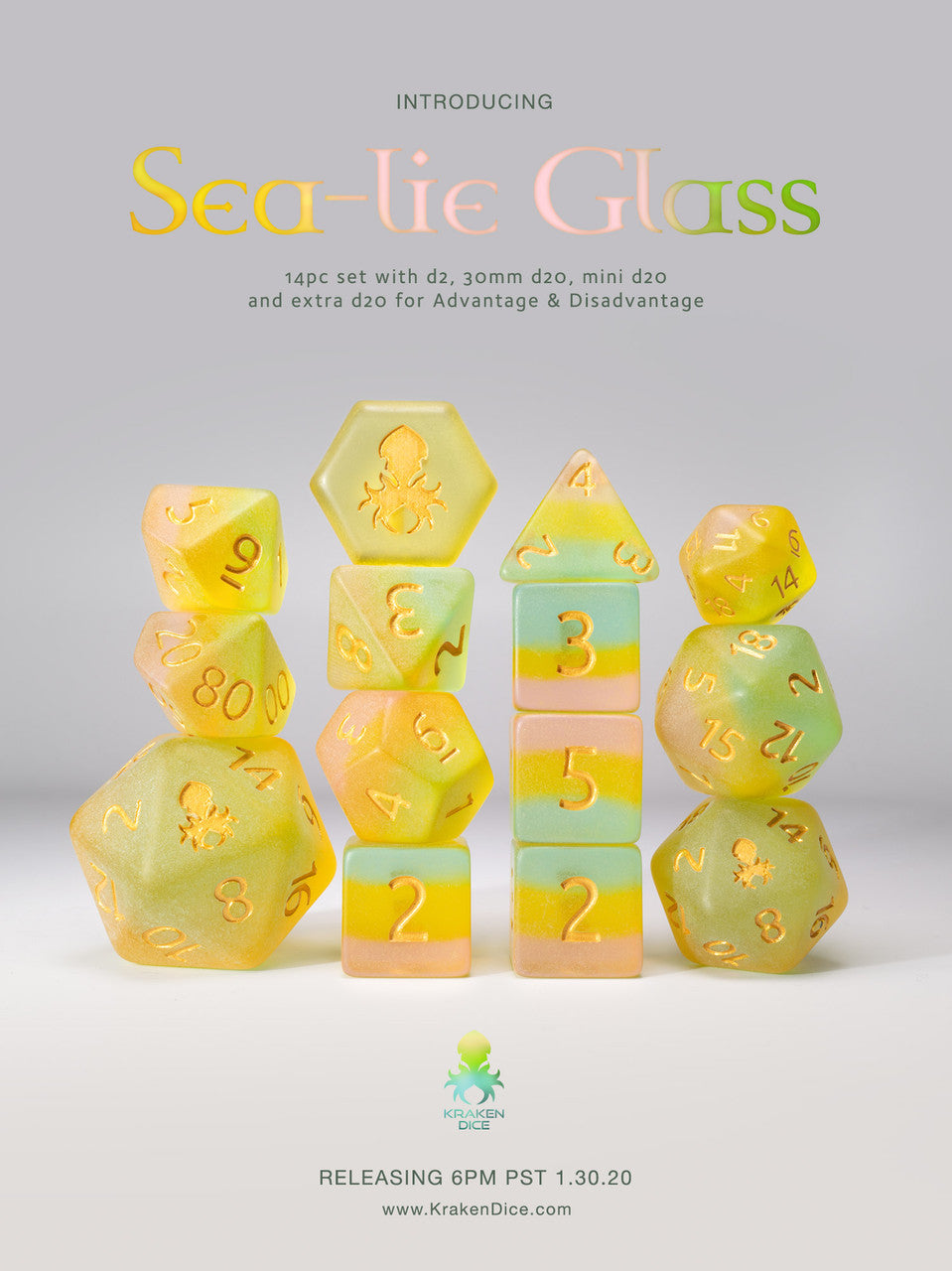 Sea-lie Glass 14pc Gold Ink Matte Dice Set